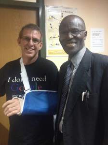 Dr. Atinga repaired Pete's broken leg 4 years ago. Now he's done the arm.